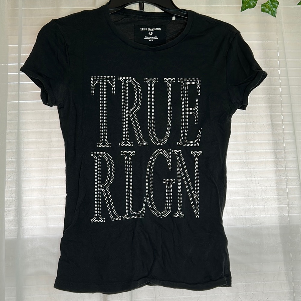 Black, RhineStone Design, True Religion, Short Sleeve Shirt, Size XS